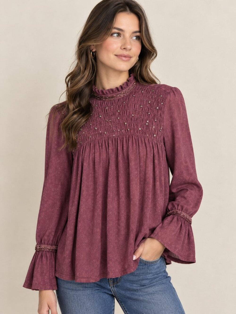 POL Small Plum Acid Wash Smocked Studded Ruffle Neck Bell Sleeve Top
